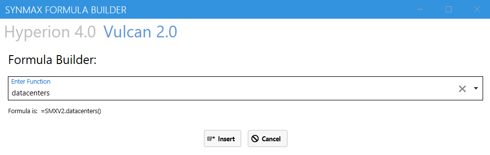 Datacenters function selected in SynMax Formula Builder UI