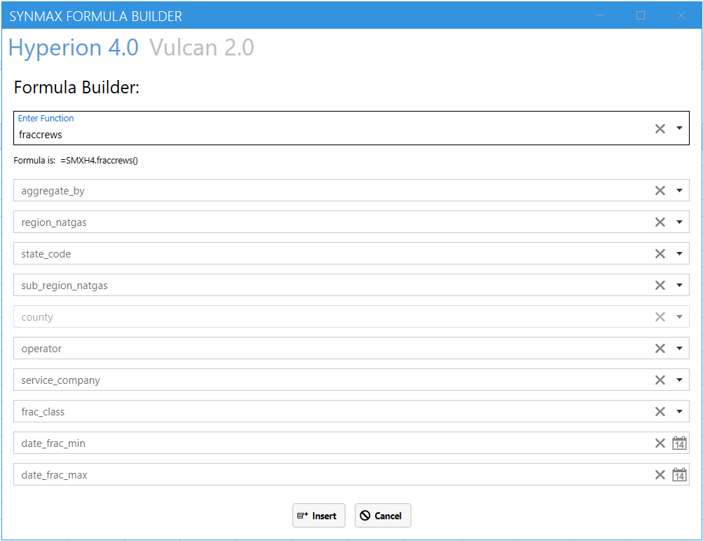 Fraccrews function selected in SynMax Formula Builder UI