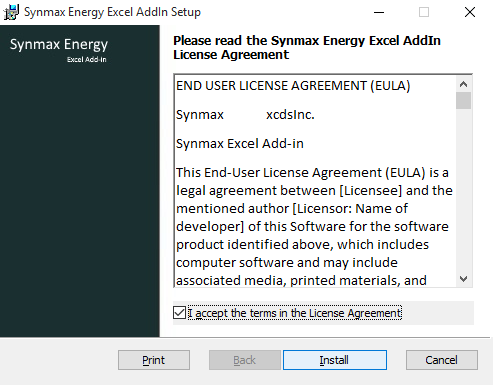 Review the license agreement. Check the radio button and click Install to continue