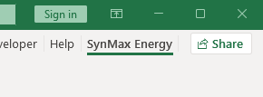 If a new tab labeled SynMax Energy has not appeared on the ribbon, close and reopen Excel for the changes to take effect