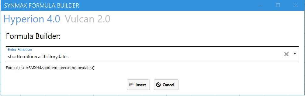 ShortTermForecastHistoryDates function selected in SynMax Formula Builder UI