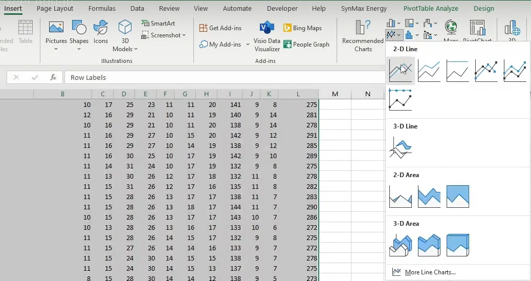 Under the Insert tab in the ribbon menu, click on the type of chart you want to plot