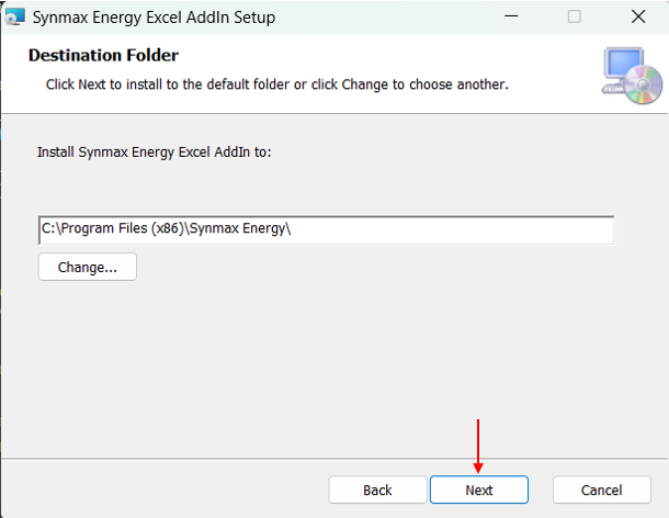 Select the path folder where the add-in will be installed