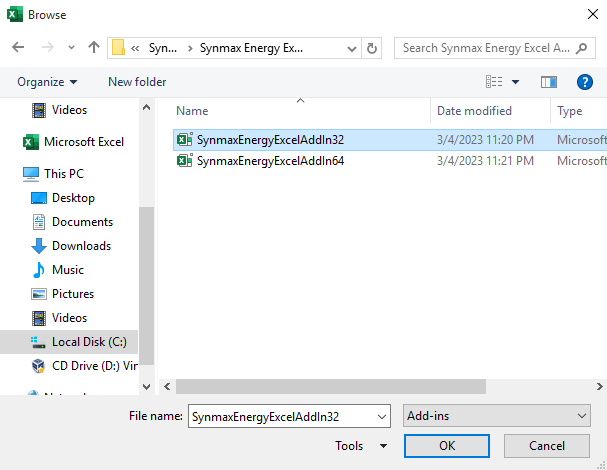 Select the SynMax Excel Add-in file and click OK