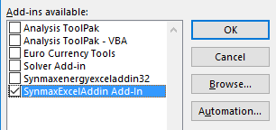 In the list of available add-ins, make sure the checkbox next to the SynMax Excel Add-in is checked and click OK